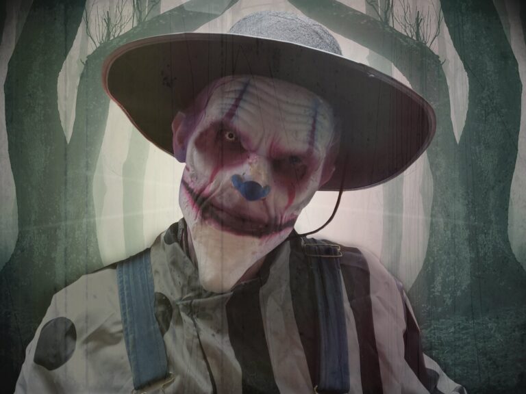 A Field of Screams character in a wide-brimmed hat and painted face standing in the dark woods.