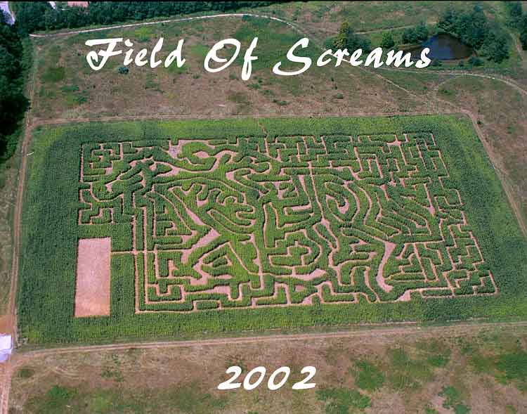 Field of Screams 2002 corn maze design, aerial view, Brandenburg Kentucky
