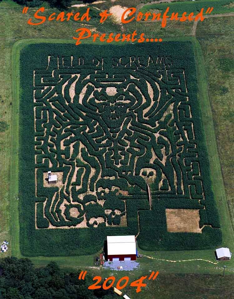 Field of Screams 2004 corn maze design, aerial view, Brandenburg Kentucky