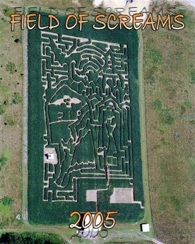 Field of Screams 2005 corn maze design, aerial view, Brandenburg Kentucky