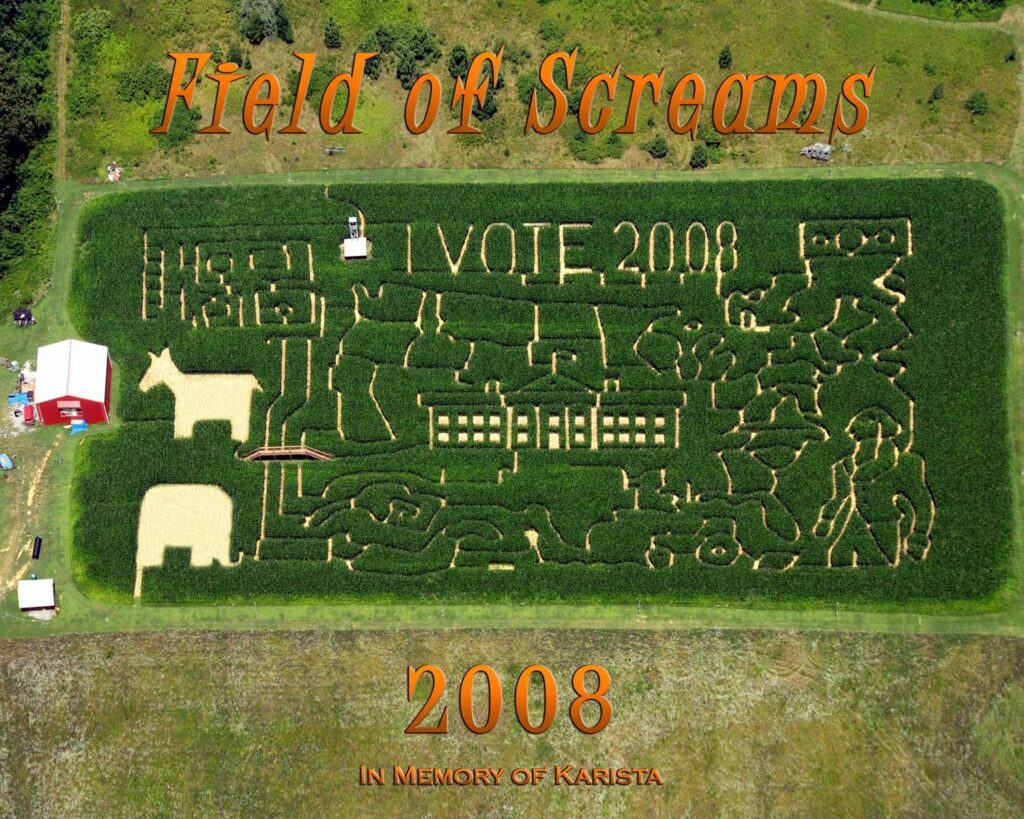 Field of Screams 2008 corn maze design, aerial view, Brandenburg Kentucky