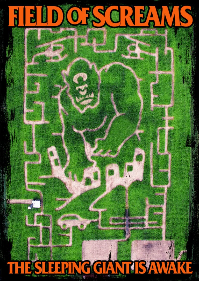 Field of Screams 2021 corn maze design, aerial view, Brandenburg Kentucky