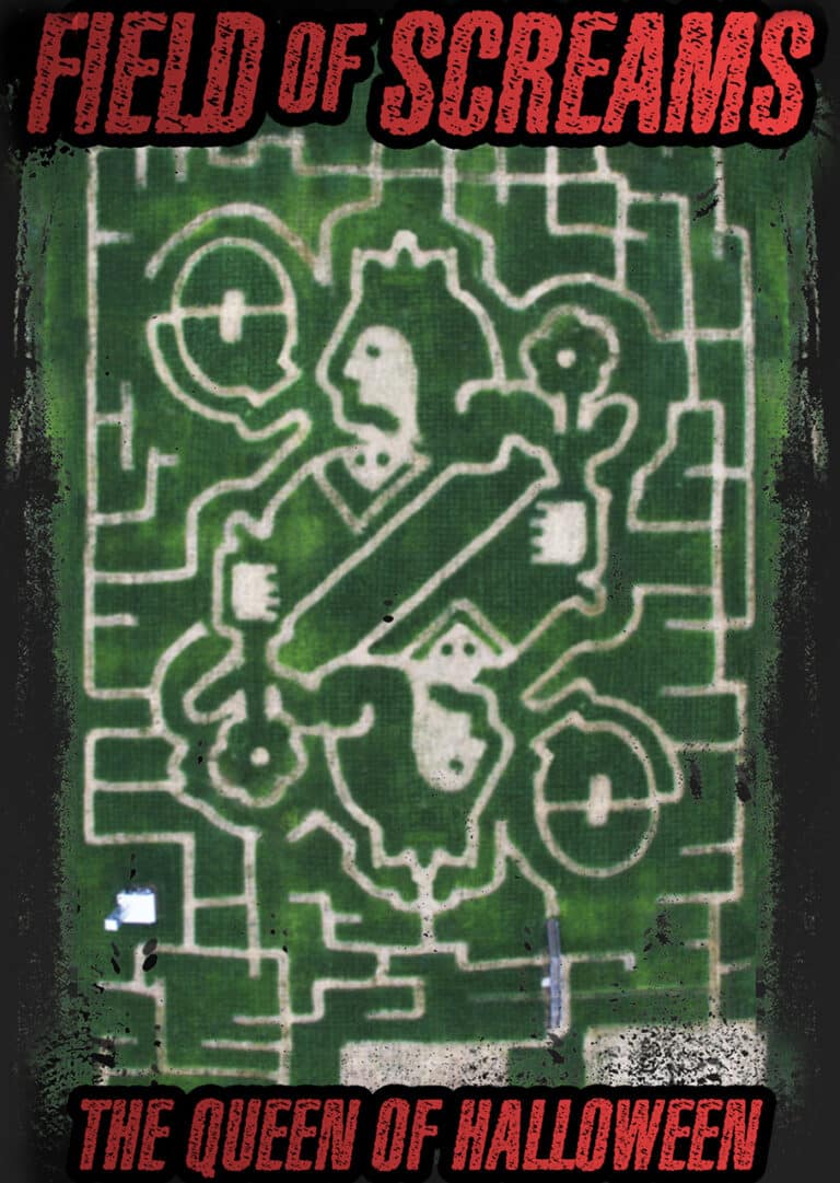 Field of Screams 2022 corn maze design, aerial view, Brandenburg Kentucky