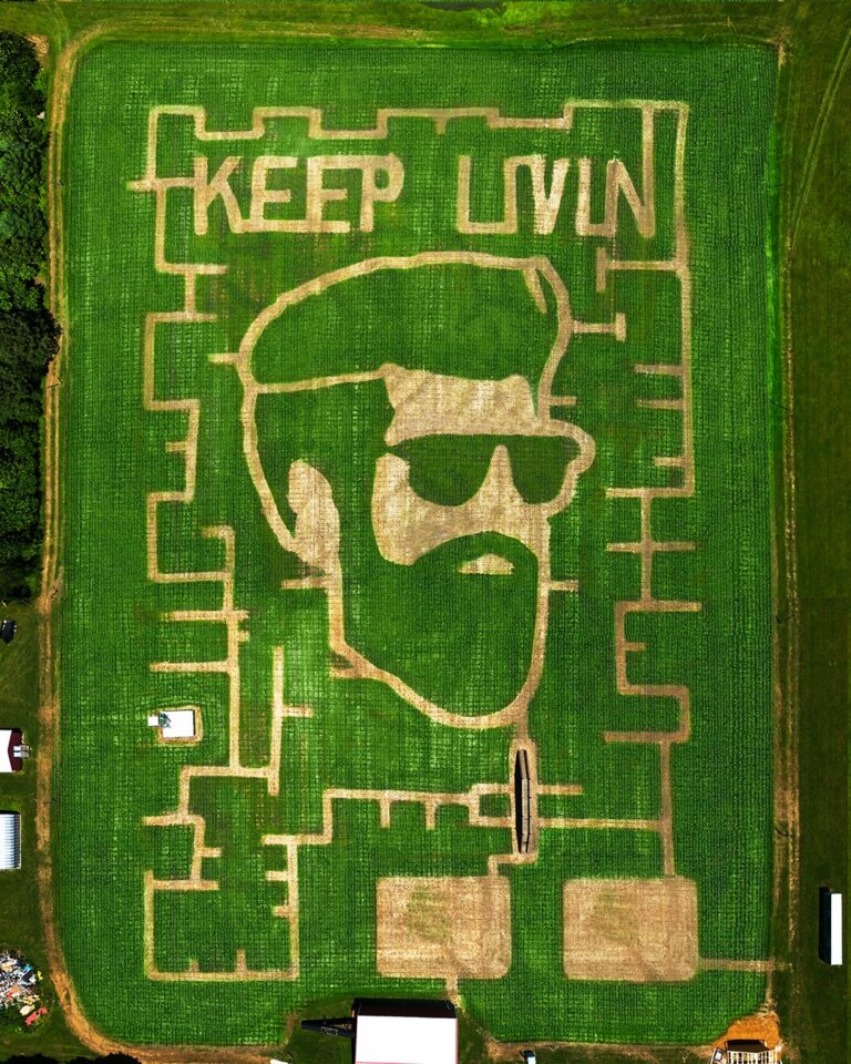 Field of Screams 2023 corn maze design, aerial view, Brandenburg Kentucky