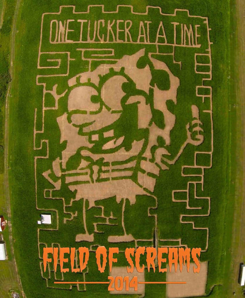 Field of Screams 2014 corn maze design, aerial view, Brandenburg Kentucky