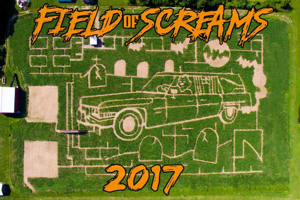 Field of Screams 2017 corn maze design, aerial view, Brandenburg Kentucky