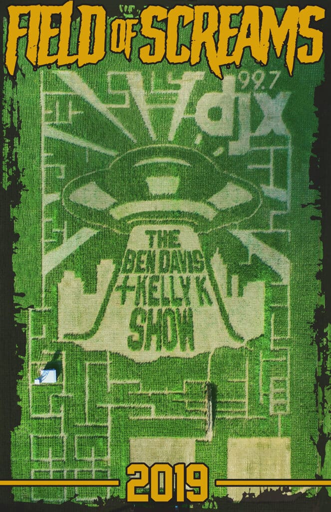 Field of Screams 2019 corn maze design, aerial view, Brandenburg Kentucky