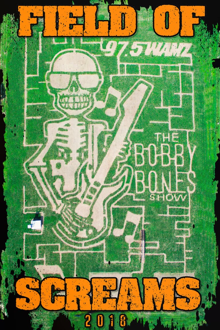 Field of Screams 2018 corn maze design, aerial view, Brandenburg Kentucky