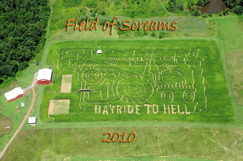 Field of Screams 2010 corn maze design, aerial view, Brandenburg Kentucky