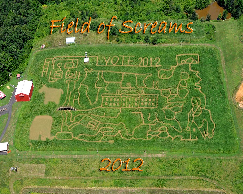 Field of Screams 2012 corn maze design, aerial view, Brandenburg Kentucky