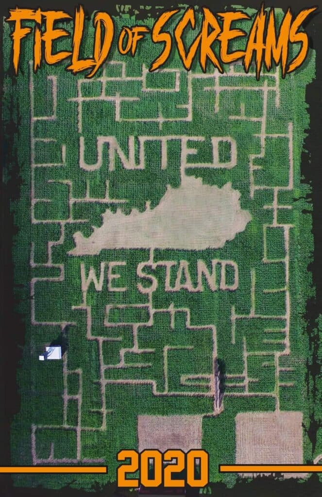 Field of Screams 2020 corn maze design, aerial view, Brandenburg Kentucky